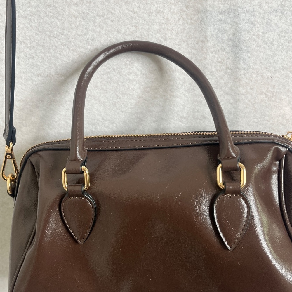 Aldo Brown Top Handle Satchel Crossbody Bag Gold Hardware Structured Purse - Picture 5 of 6